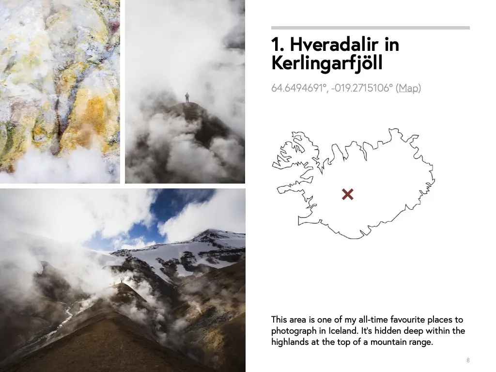 Sample location page in the ebook covering Hveradalir in Kerlingarfjöll, with photos and an Iceland map marker.