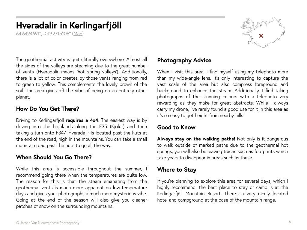 Photography advice page for Hveradalir in Kerlingarfjöll inside the 35 Iceland photo locations ebook.