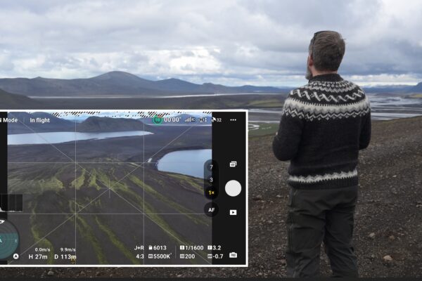 Researching a landscape on the drone live feed in the Icelandic Highlands during the masterclass.