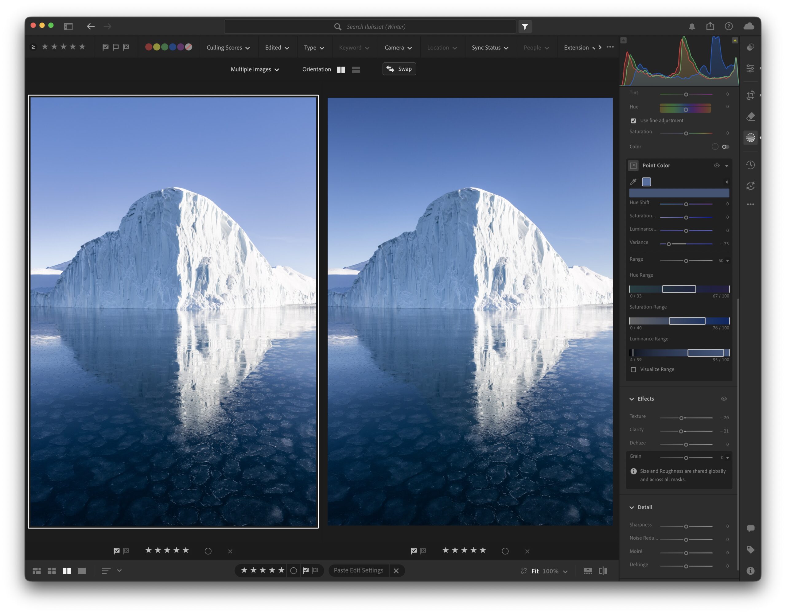 Lightroom screenshot comparing two iceberg photos before and after a Point Color sky edit.