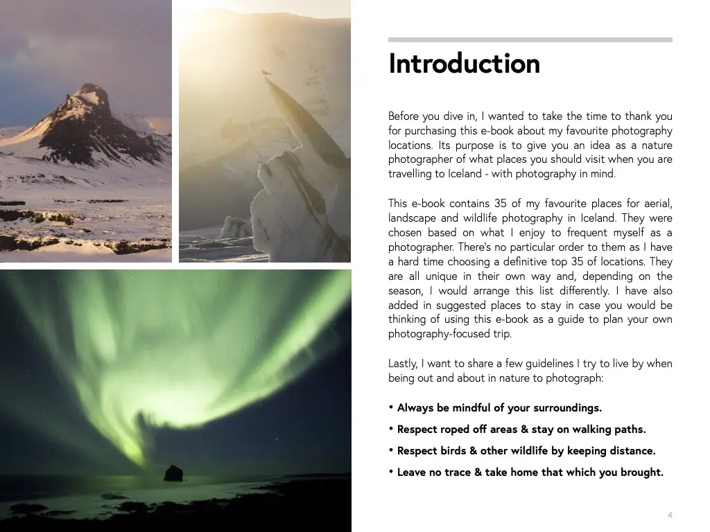 Inside spread of the Iceland photography ebook showing the introduction next to three example photos.