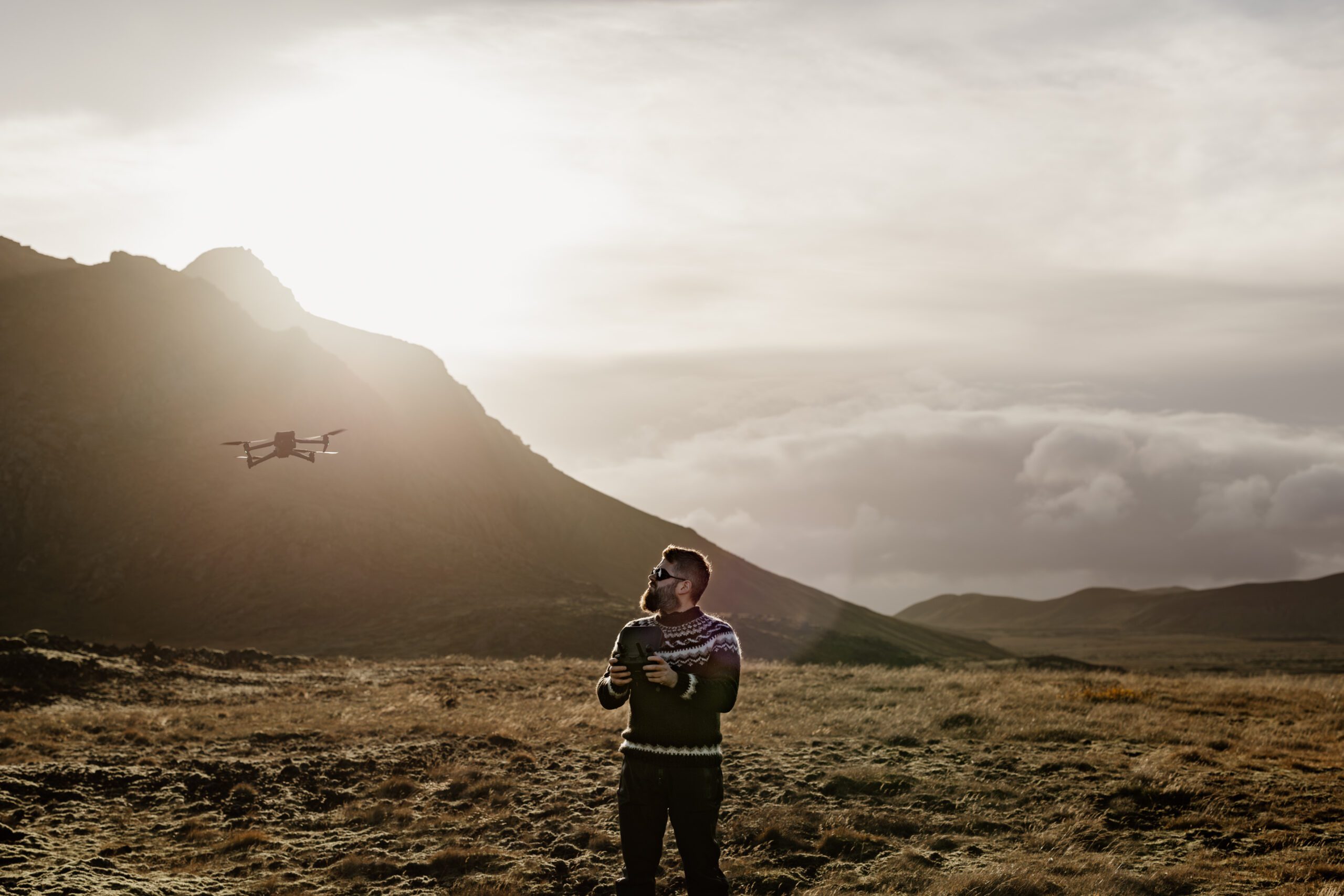 Jeroen Van Nieuwenhove flying a DJI drone at golden hour in a wide Icelandic Highland valley.