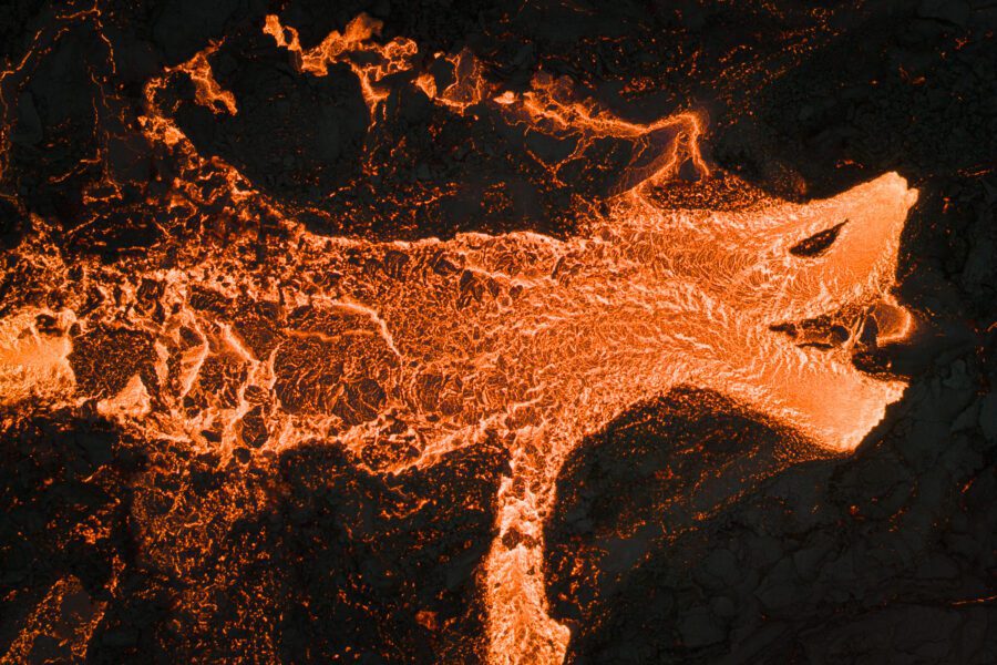 Aerial drone shot of a dragon-shaped lava flow nicknamed Elddreki at the Fagradalsfjall eruption.