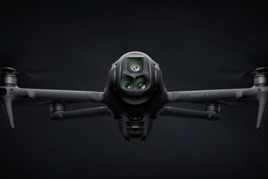 Studio product shot of the DJI Mavic 4 Pro on a black background.