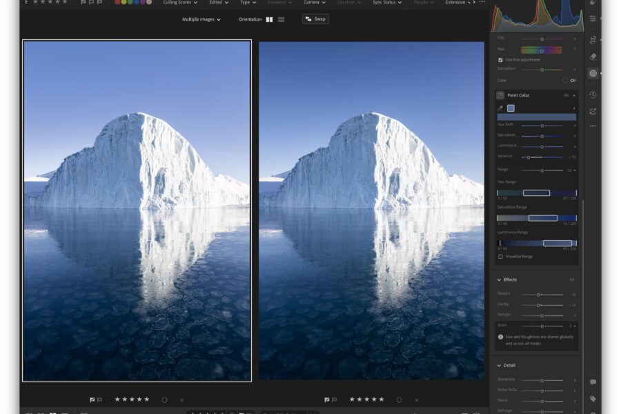 Lightroom screenshot comparing two iceberg photos before and after a Point Color sky edit.